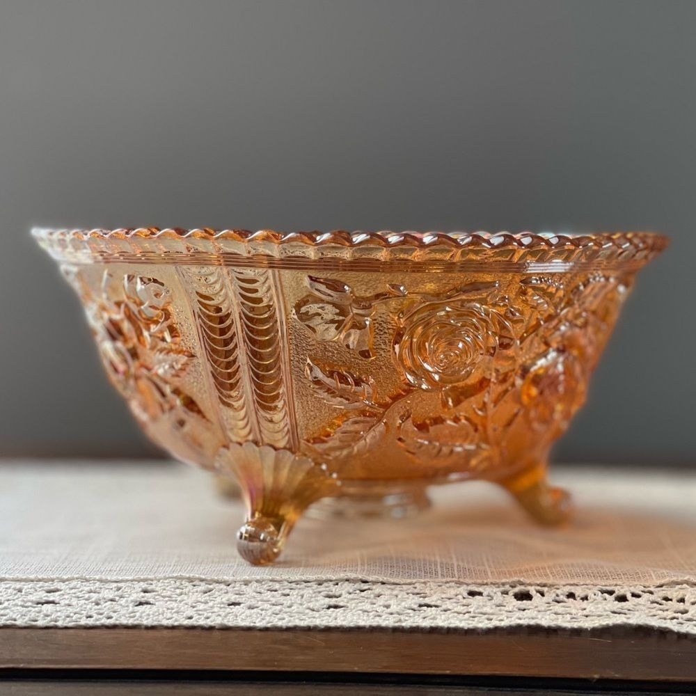 Northwood Lustre Rose Footed‎ Bowl Carnival Glass Marigold Orange Iridescent 10"